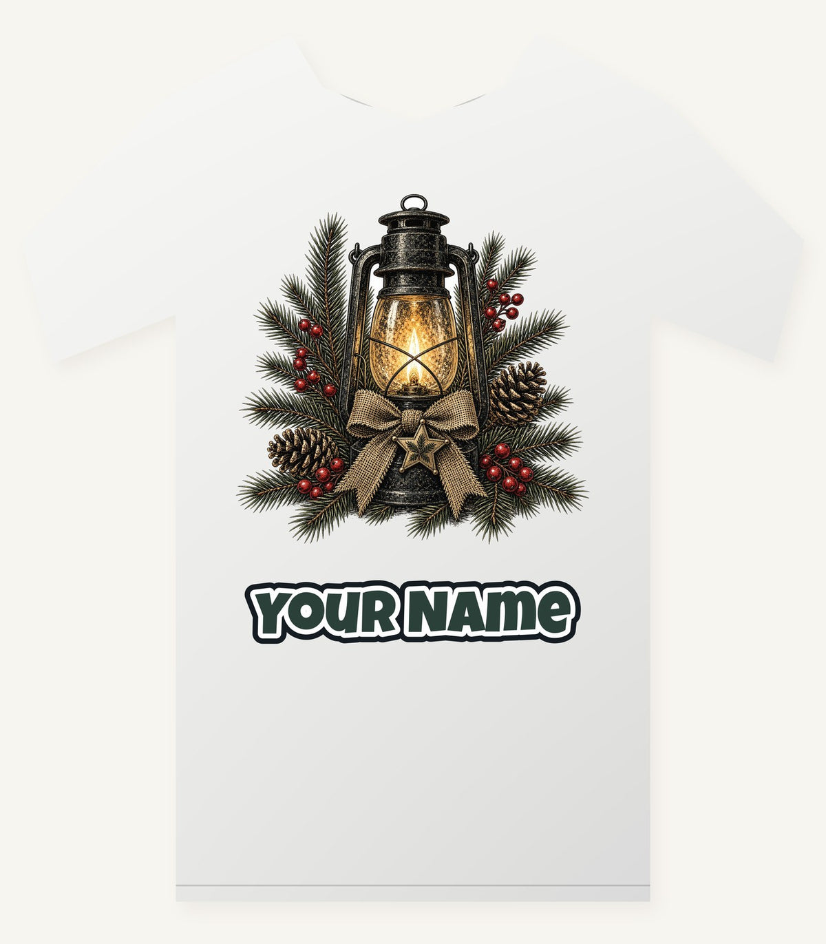 Rustic Lantern With Hessian Bow Personalised Christmas T-Shirt and Hoodie
