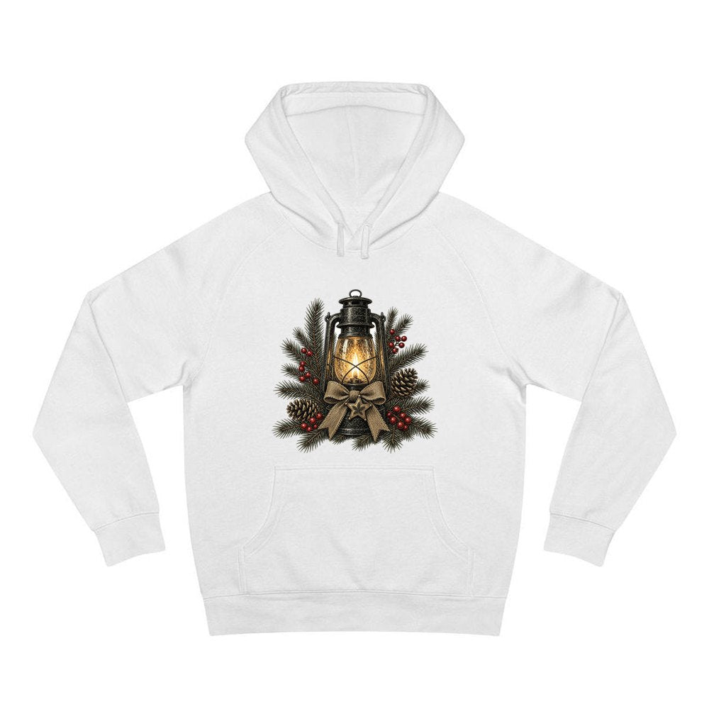 Rustic Lantern With Hessian Bow personalised Christmas hoodie in white
