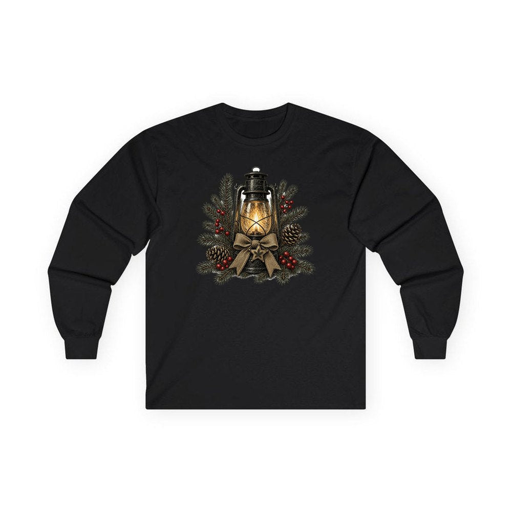 Rustic Lantern With Hessian Bow personalised long sleeve Christmas T-shirt in black