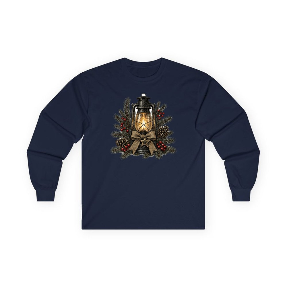 Rustic Lantern With Hessian Bow personalised long sleeve Christmas T-shirt in navy