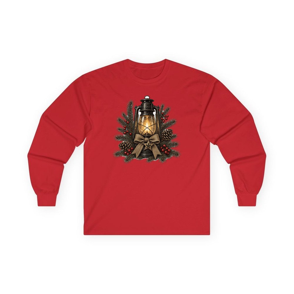 Rustic Lantern With Hessian Bow personalised long sleeve Christmas T-shirt in red