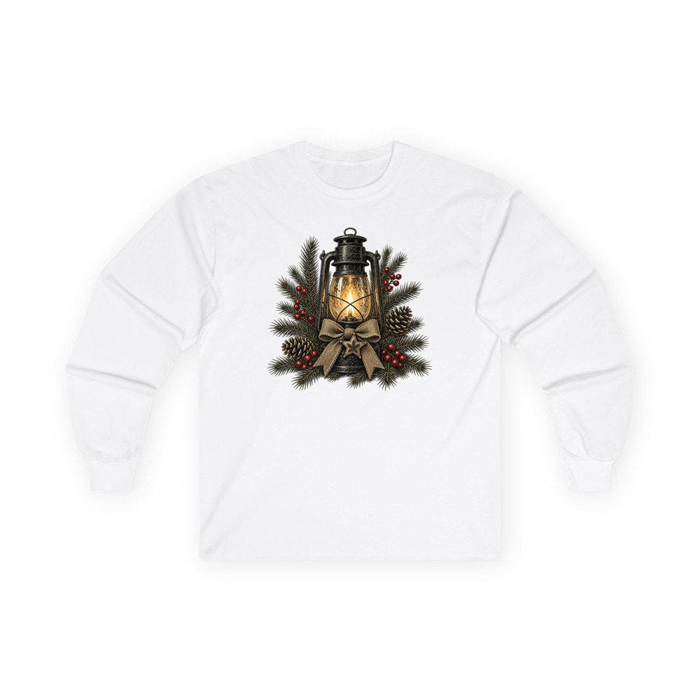 Rustic Lantern With Hessian Bow personalised long sleeve Christmas T-shirt in white