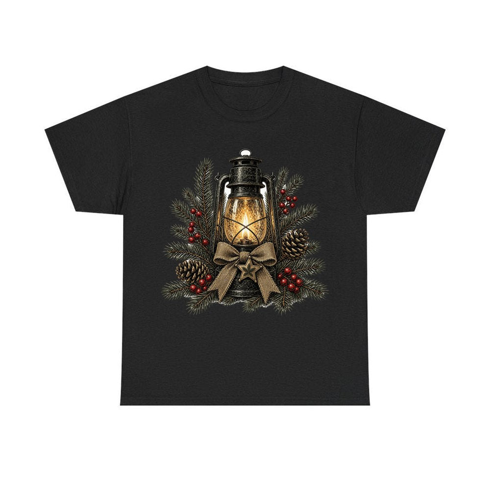 Rustic Lantern With Hessian Bow personalised Christmas T-shirt in black