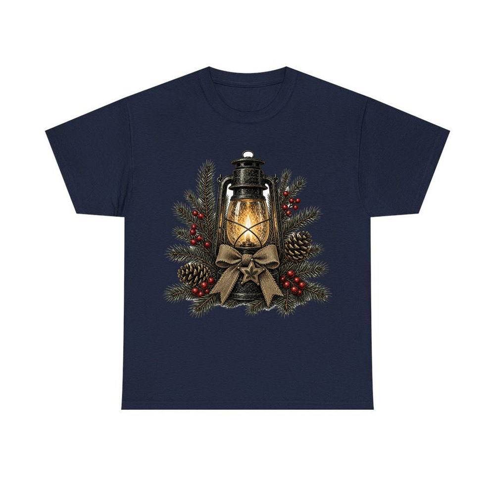 Rustic Lantern With Hessian Bow personalised Christmas T-shirt in navy