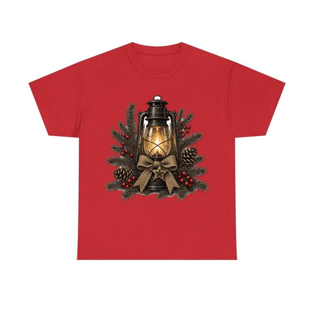 Rustic Lantern With Hessian Bow personalised Christmas T-shirt in red