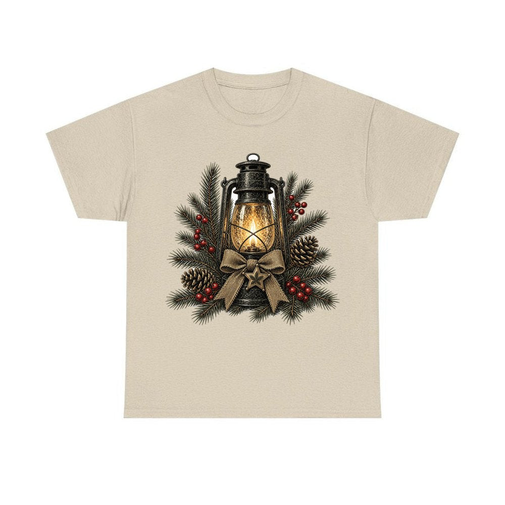 Rustic Lantern With Hessian Bow personalised Christmas T-shirt in sand
