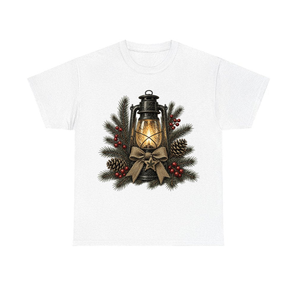 Rustic Lantern With Hessian Bow personalised Christmas T-shirt in white