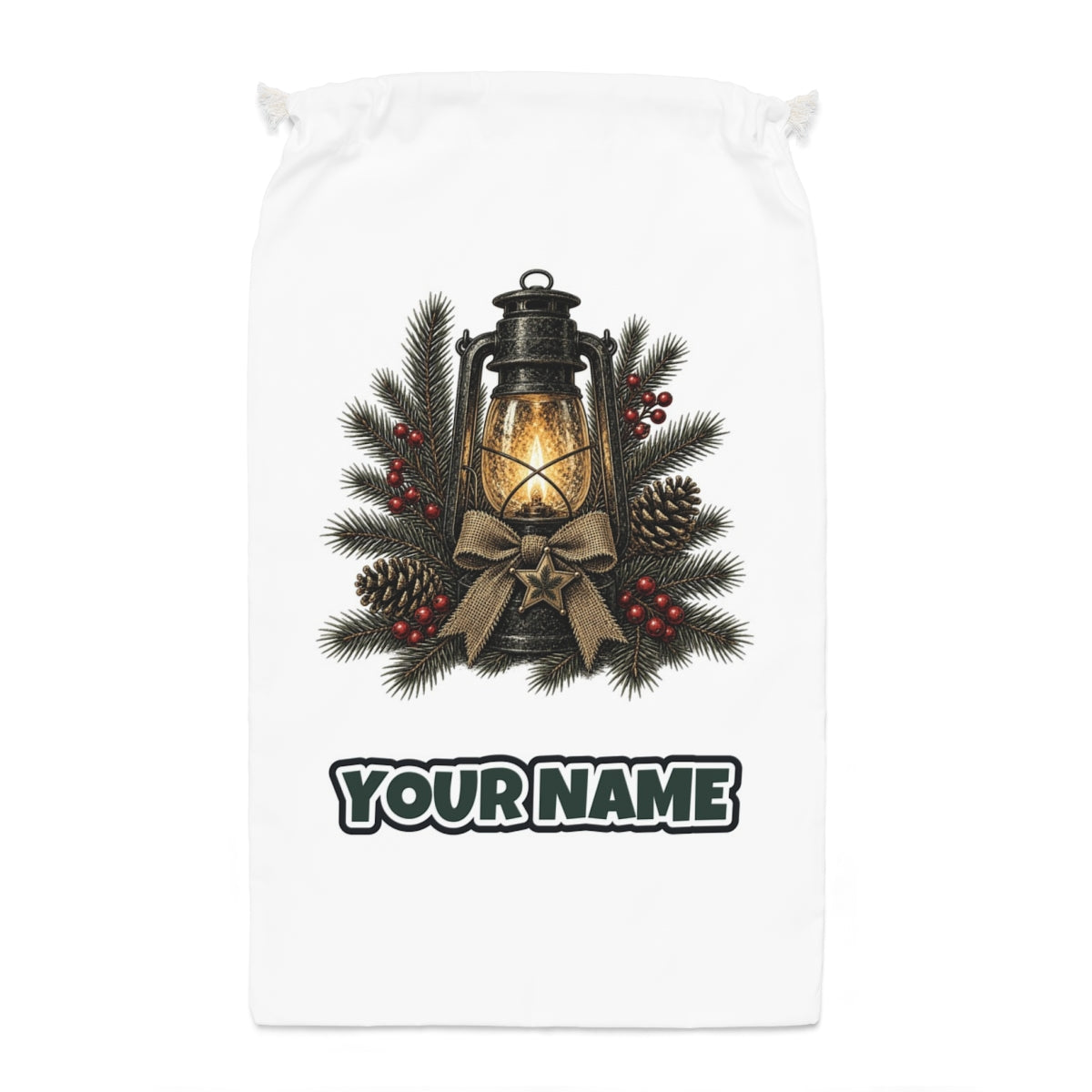 Rustic Lantern With Hessian Bow Santa sack laid flat, showing the full print