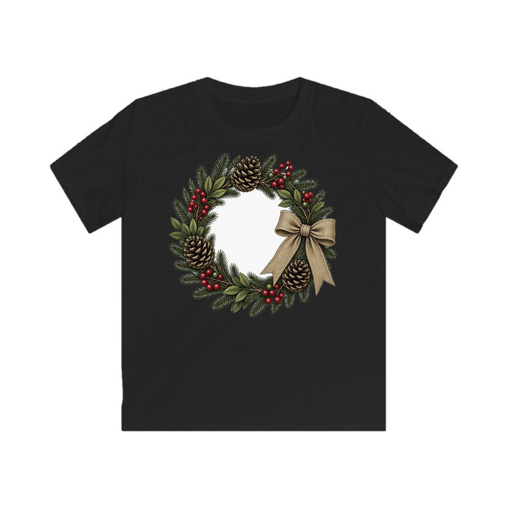 Rustic Pinecone Wreath personalised kids Christmas tee in black
