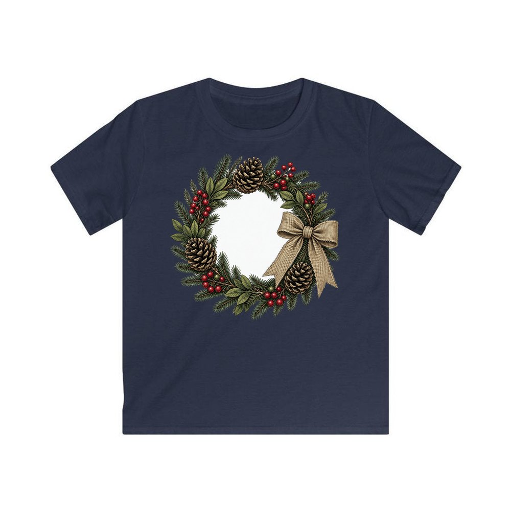 Rustic Pinecone Wreath personalised kids Christmas tee in navy