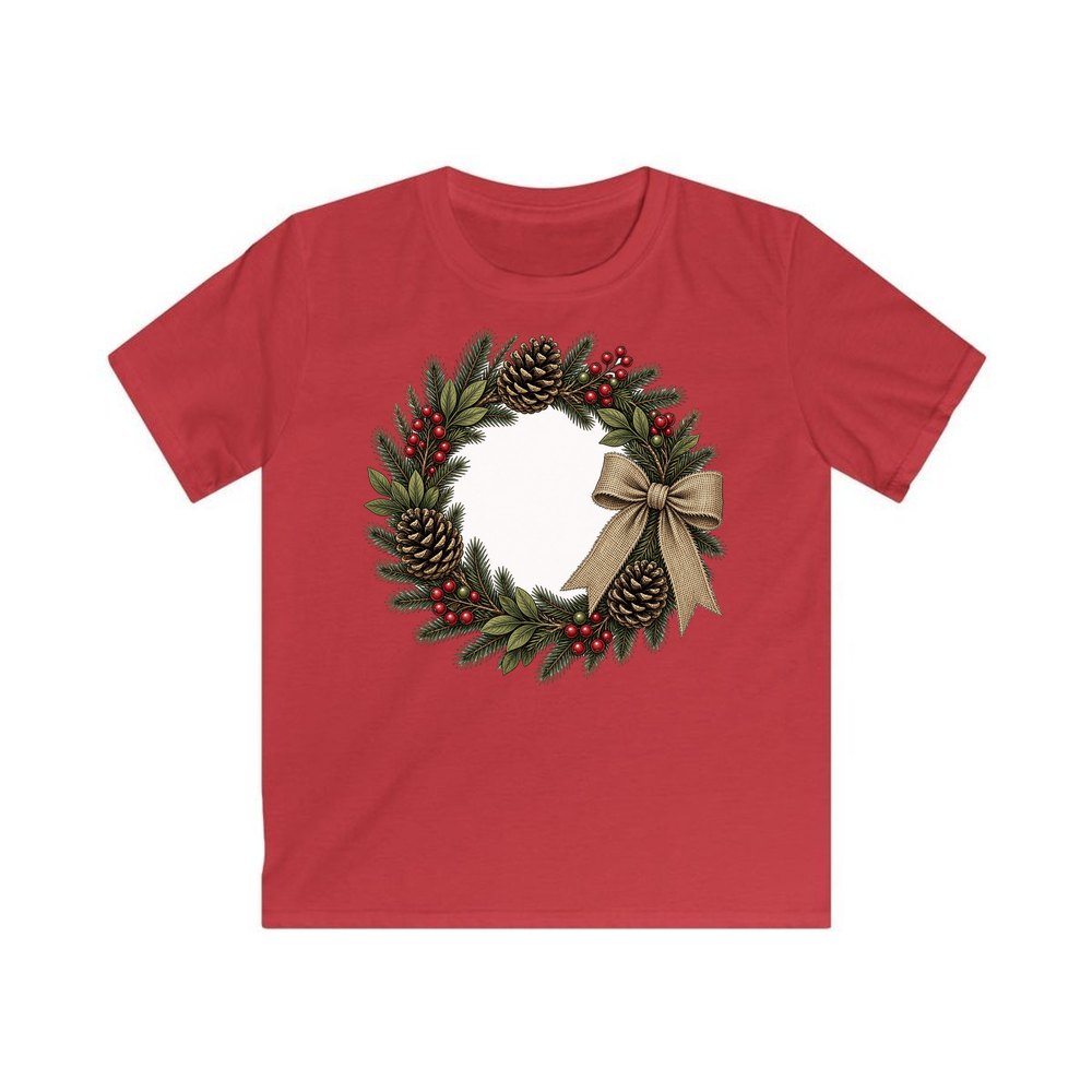 Rustic Pinecone Wreath personalised kids Christmas tee in red