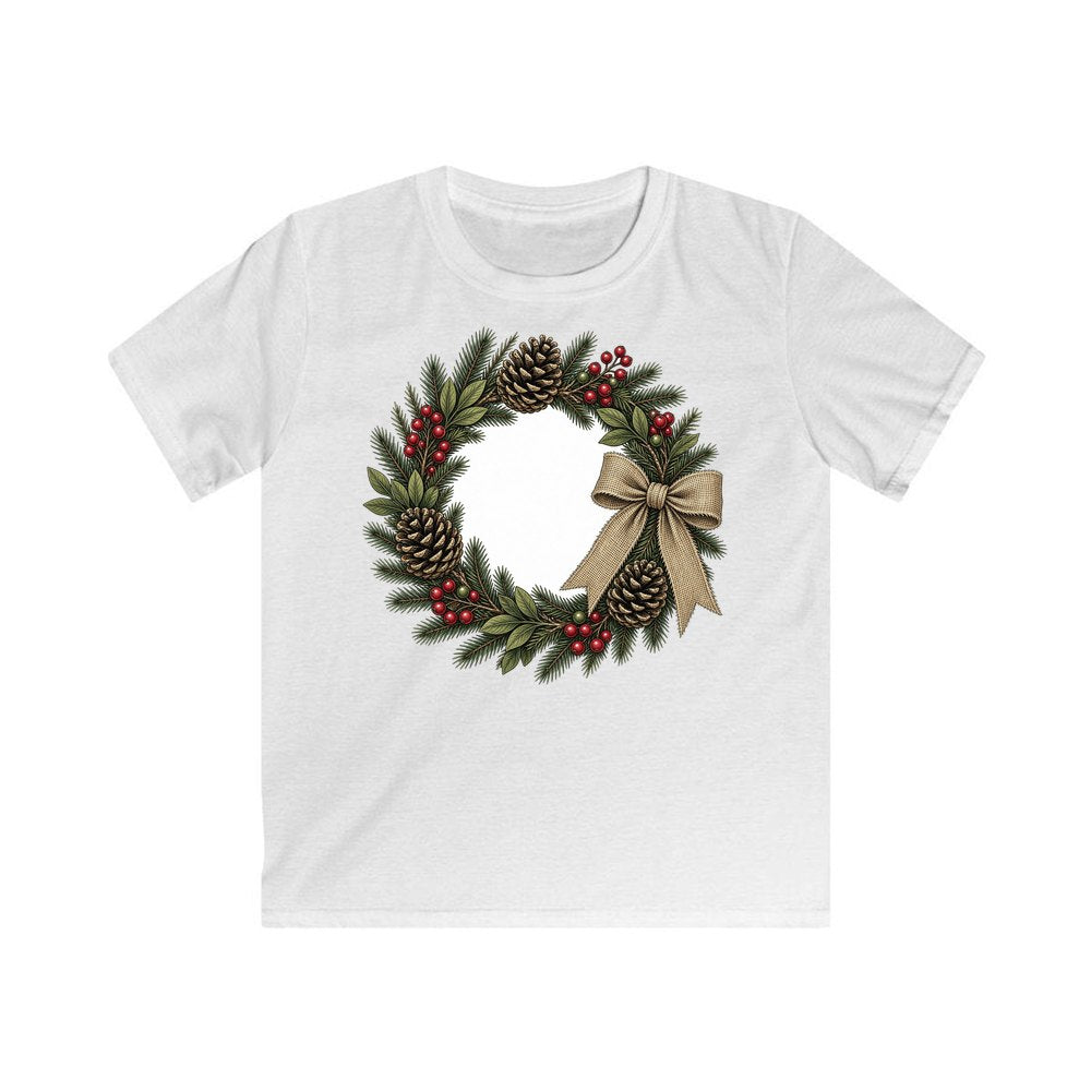 Rustic Pinecone Wreath personalised kids Christmas tee in white
