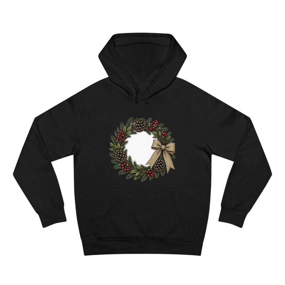 Rustic Pinecone Wreath personalised Christmas hoodie in black