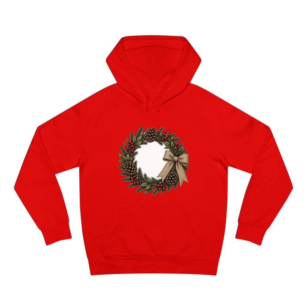 Rustic Pinecone Wreath personalised Christmas hoodie in red