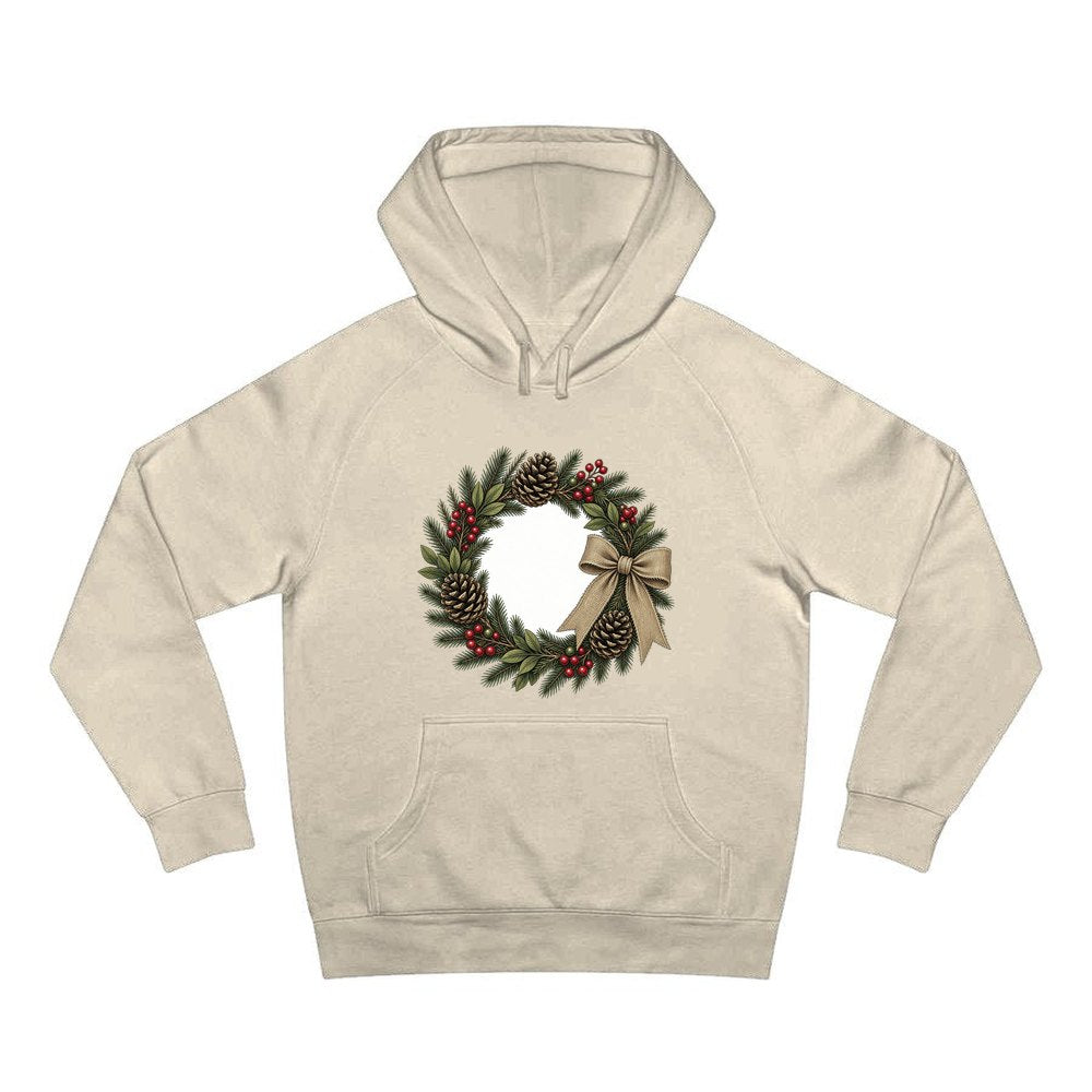 Rustic Pinecone Wreath personalised Christmas hoodie in sand