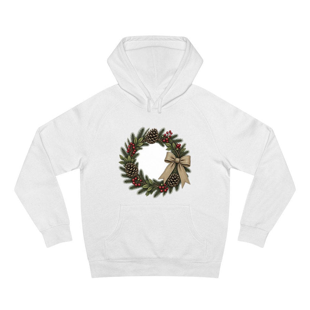 Rustic Pinecone Wreath personalised Christmas hoodie in white