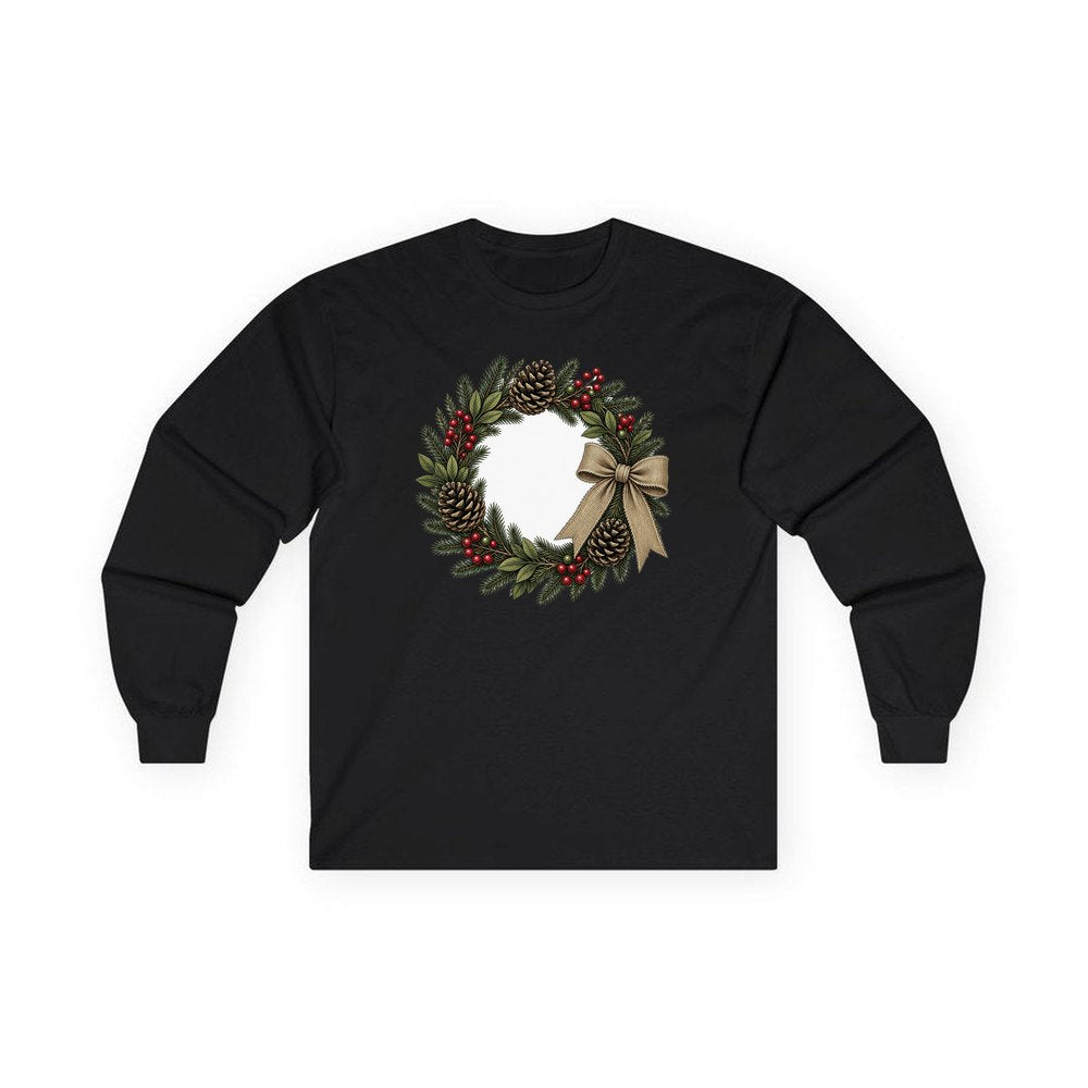 Rustic Pinecone Wreath personalised long sleeve Christmas T-shirt in black