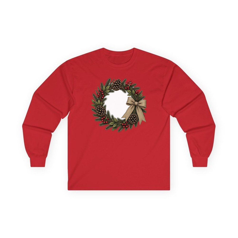 Rustic Pinecone Wreath personalised long sleeve Christmas T-shirt in red
