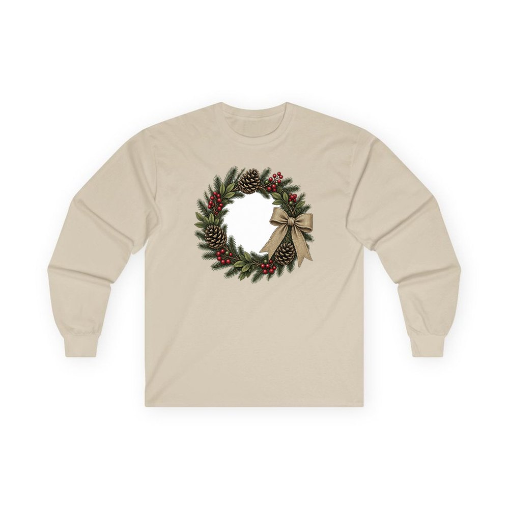 Rustic Pinecone Wreath personalised long sleeve Christmas T-shirt in sand