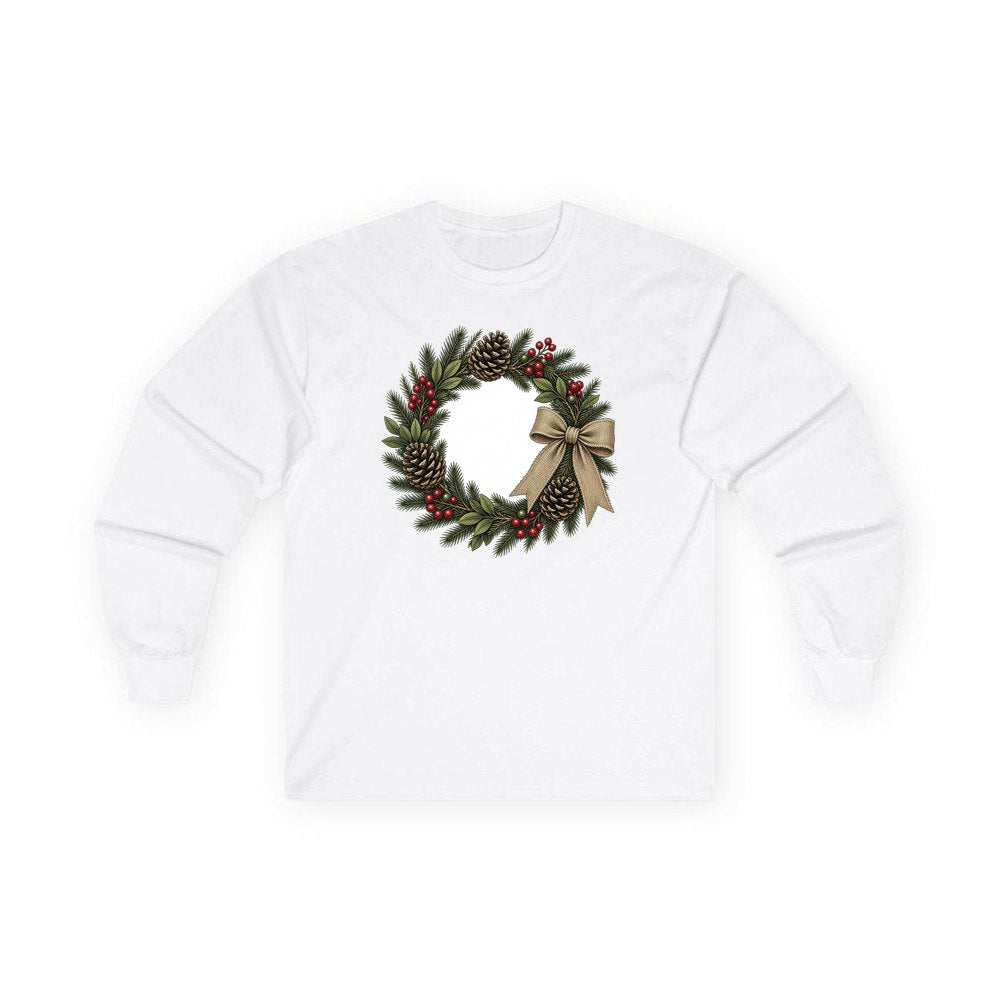 Rustic Pinecone Wreath personalised long sleeve Christmas T-shirt in white