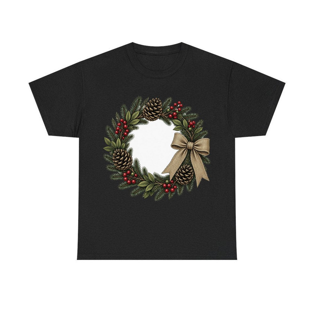 Rustic Pinecone Wreath personalised Christmas T-shirt in black