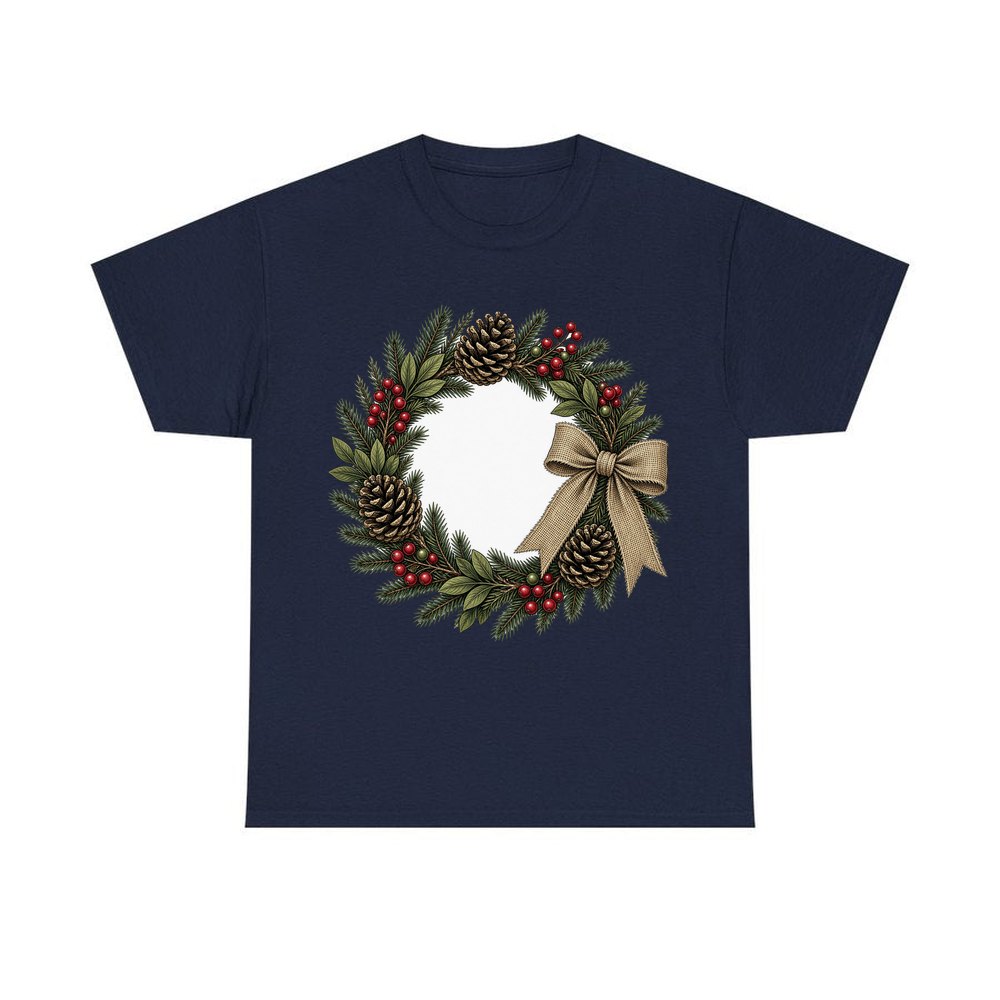 Rustic Pinecone Wreath personalised Christmas T-shirt in navy
