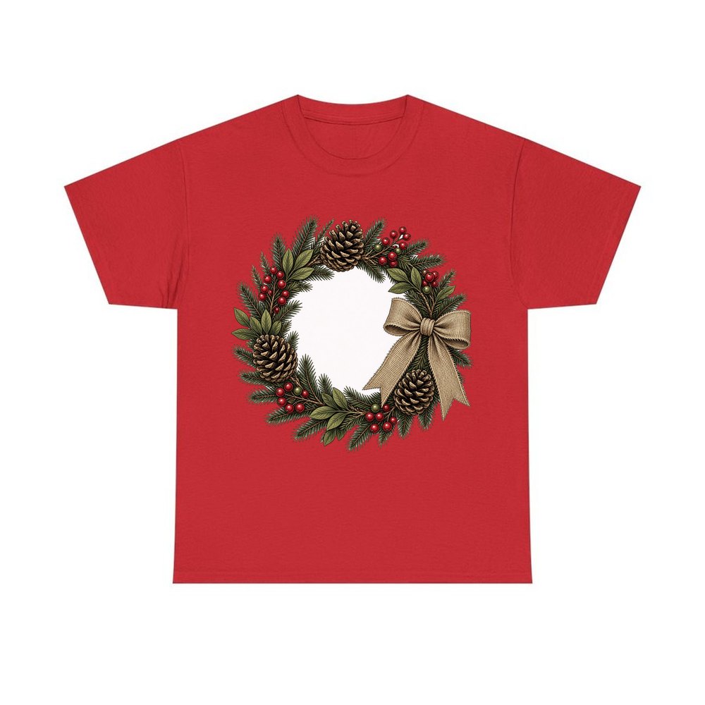 Rustic Pinecone Wreath personalised Christmas T-shirt in red