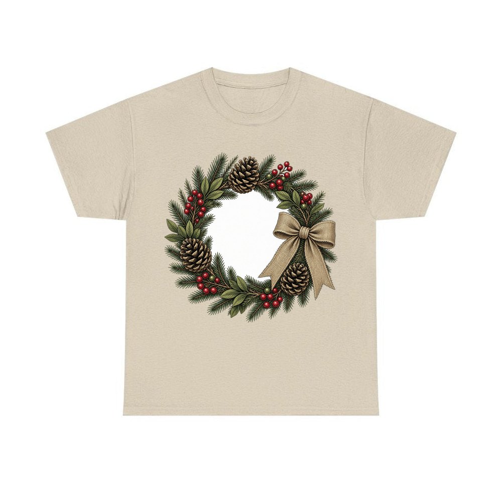 Rustic Pinecone Wreath personalised Christmas T-shirt in sand