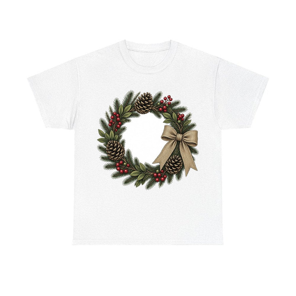 Rustic Pinecone Wreath personalised Christmas T-shirt in white
