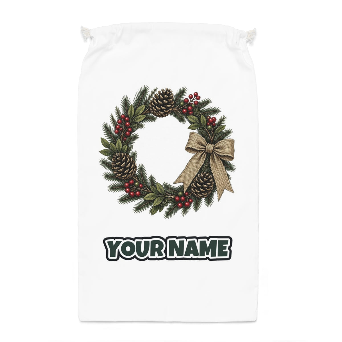 Rustic Pinecone Wreath Santa sack laid flat, showing the full print
