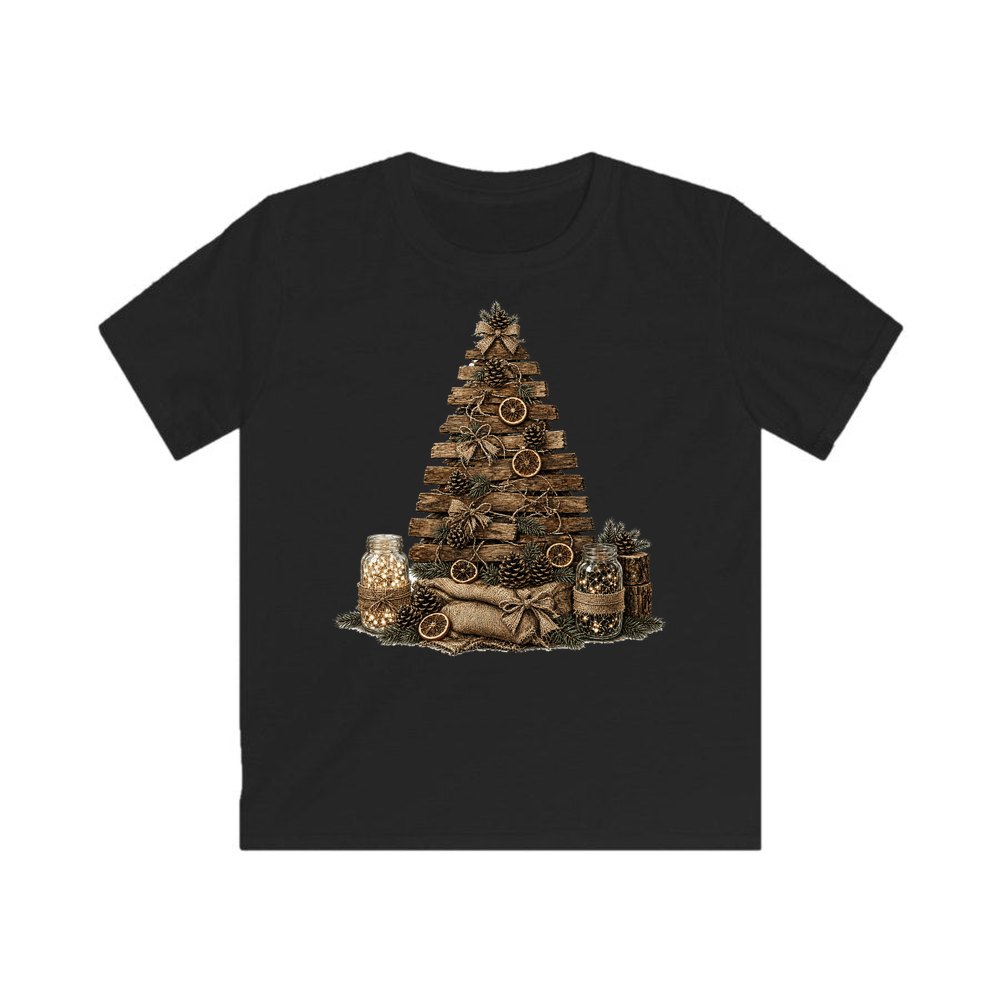 Timber and Pinecone Christmas Tree personalised kids Christmas tee in black