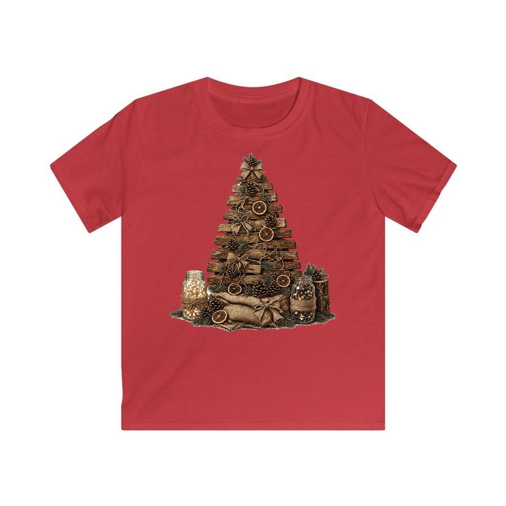 Timber and Pinecone Christmas Tree personalised kids Christmas tee in red