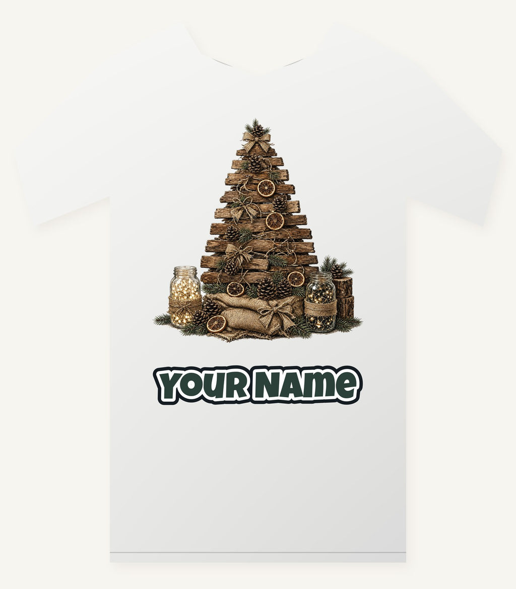 Rustic Timber Christmas Tree Personalised Christmas T-Shirt and Hoodie