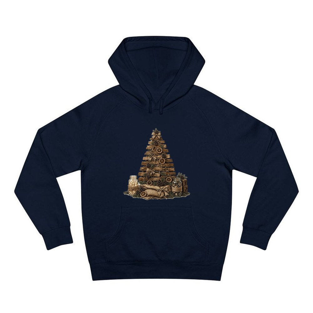 Timber and Pinecone Christmas Tree personalised Christmas hoodie in navy