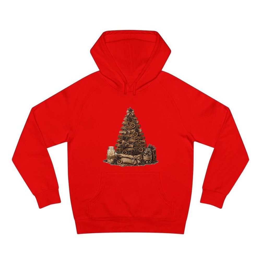 Timber and Pinecone Christmas Tree personalised Christmas hoodie in red