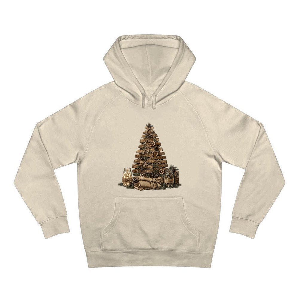 Timber and Pinecone Christmas Tree personalised Christmas hoodie in sand