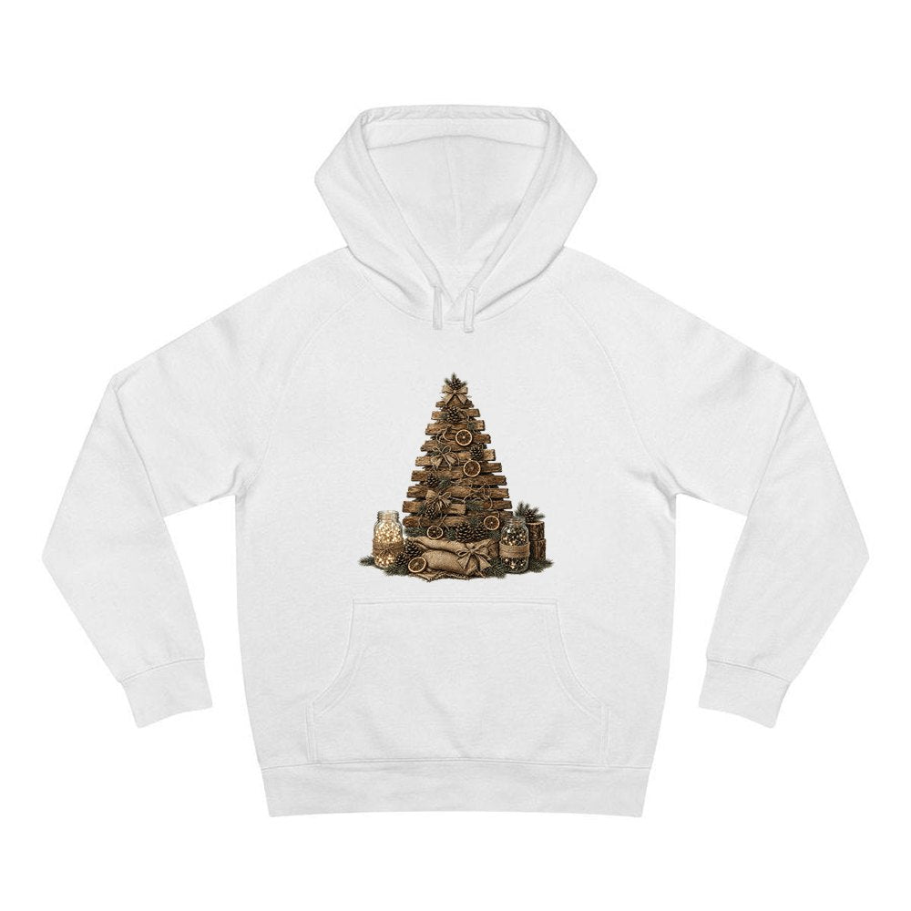 Timber and Pinecone Christmas Tree personalised Christmas hoodie in white
