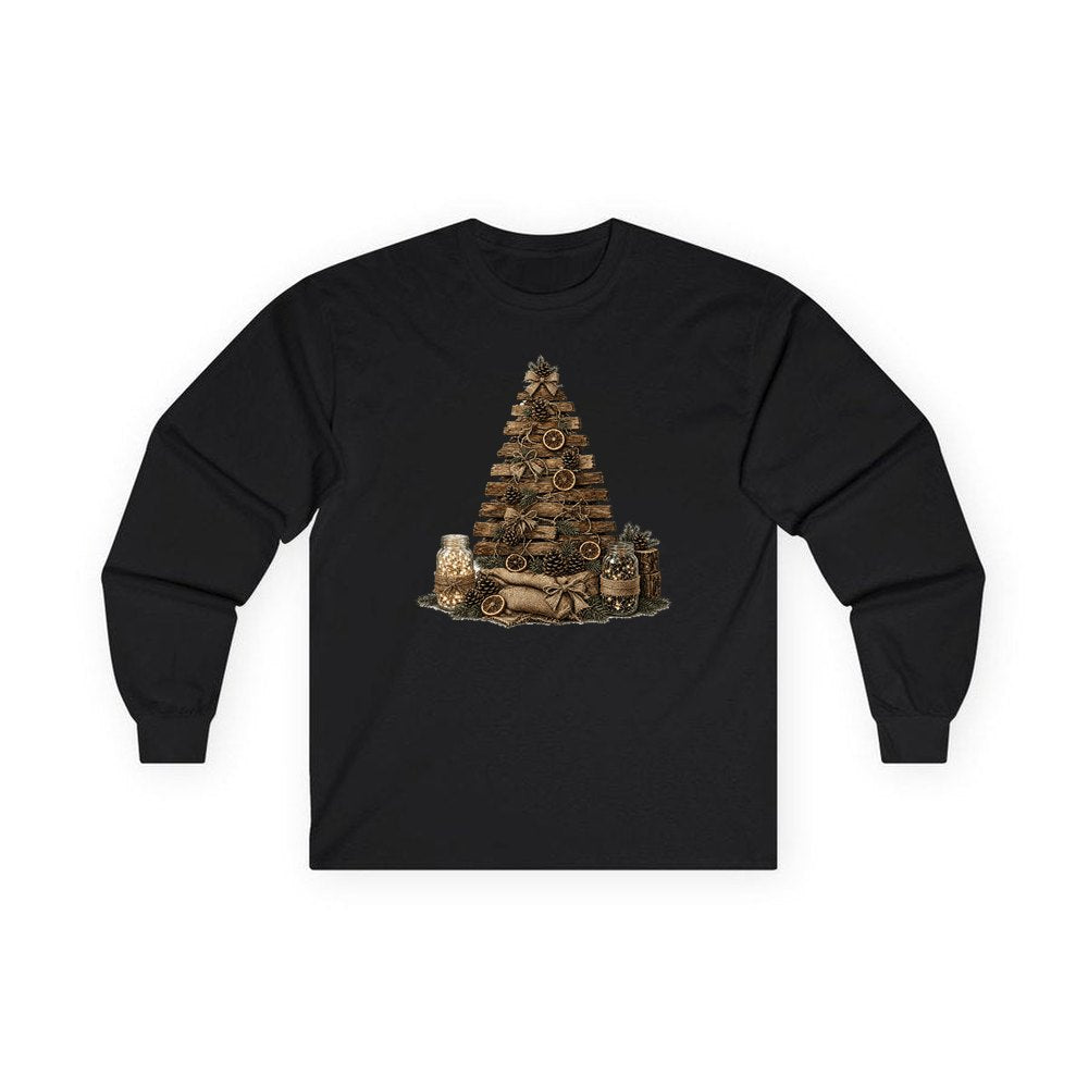 Timber and Pinecone Christmas Tree personalised long sleeve Christmas T-shirt in black