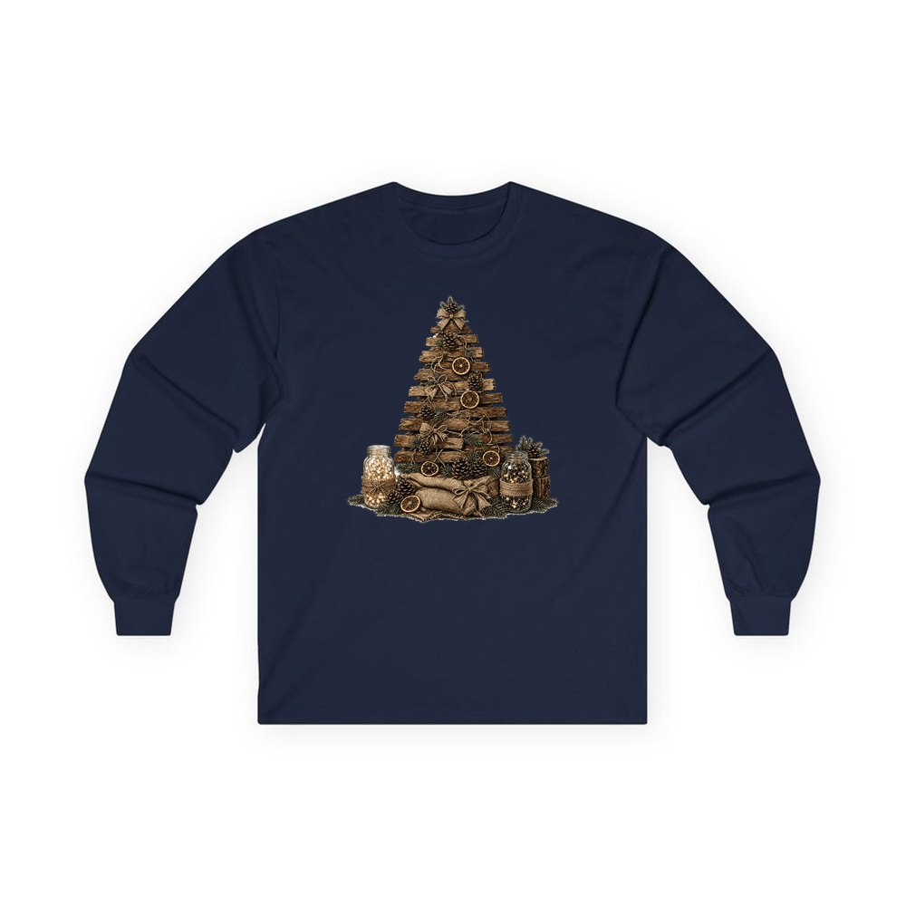 Timber and Pinecone Christmas Tree personalised long sleeve Christmas T-shirt in navy