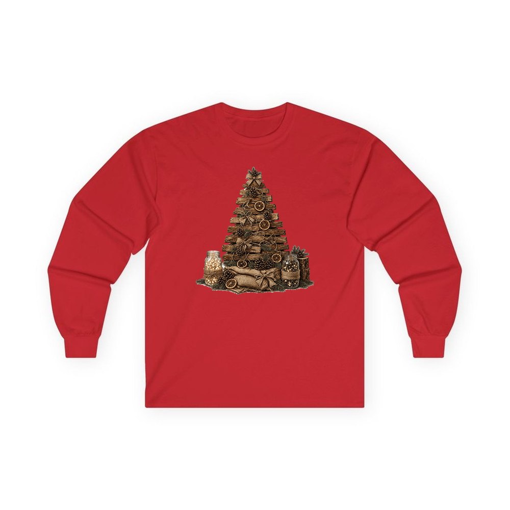 Timber and Pinecone Christmas Tree personalised long sleeve Christmas T-shirt in red