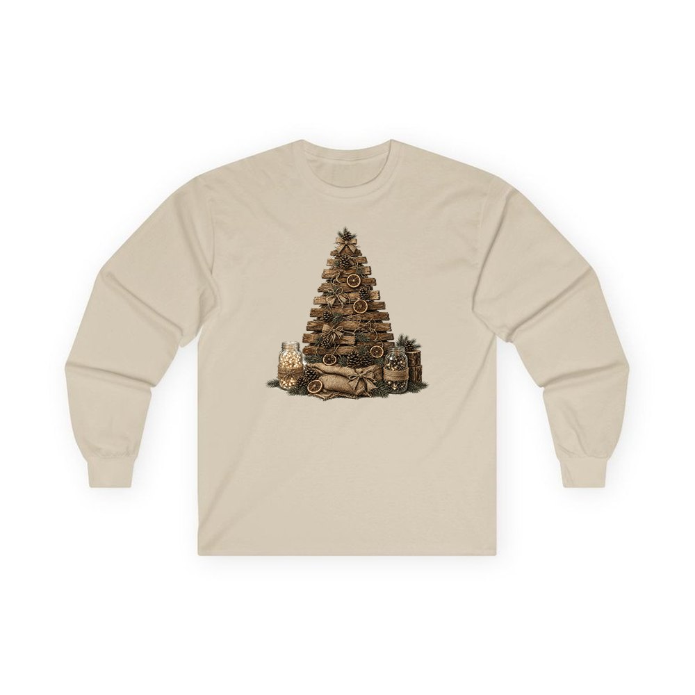 Timber and Pinecone Christmas Tree personalised long sleeve Christmas T-shirt in sand