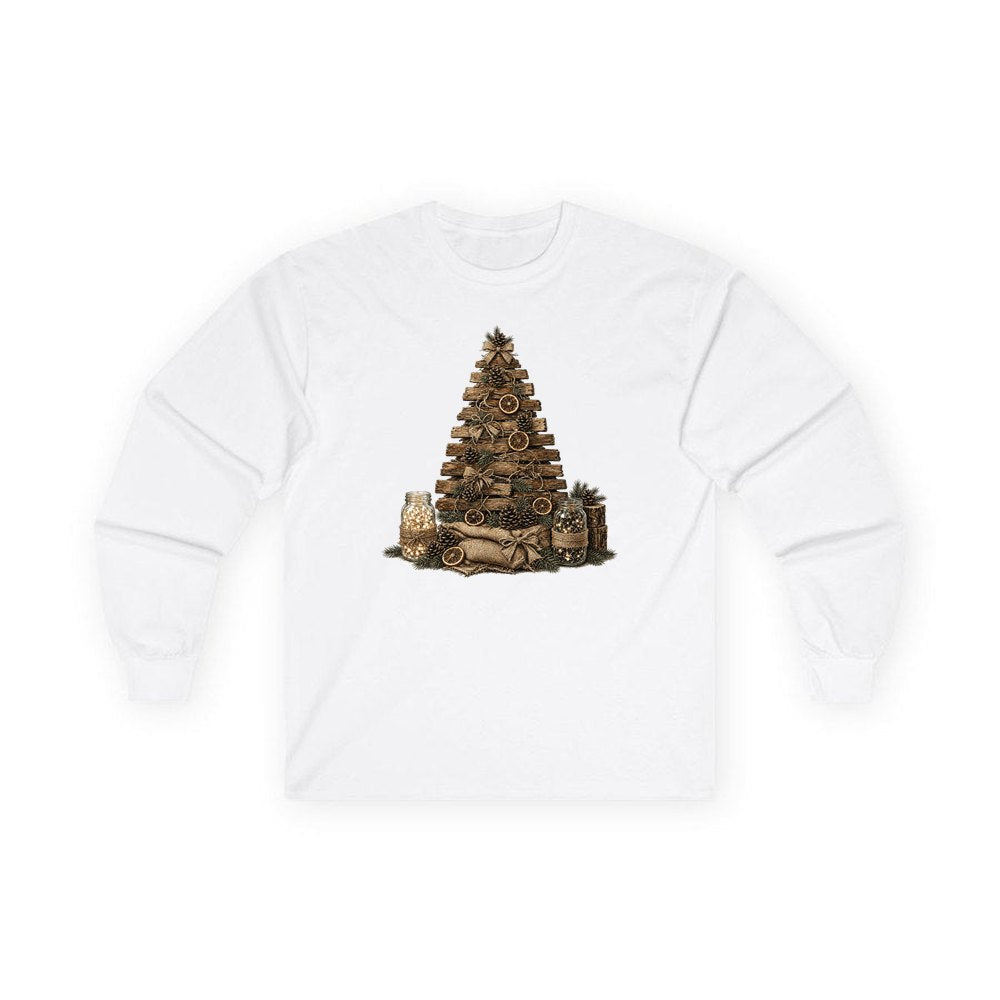 Timber and Pinecone Christmas Tree personalised long sleeve Christmas T-shirt in white