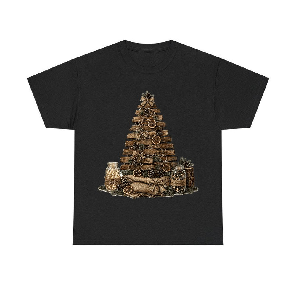 Timber and Pinecone Christmas Tree personalised Christmas T-shirt in black