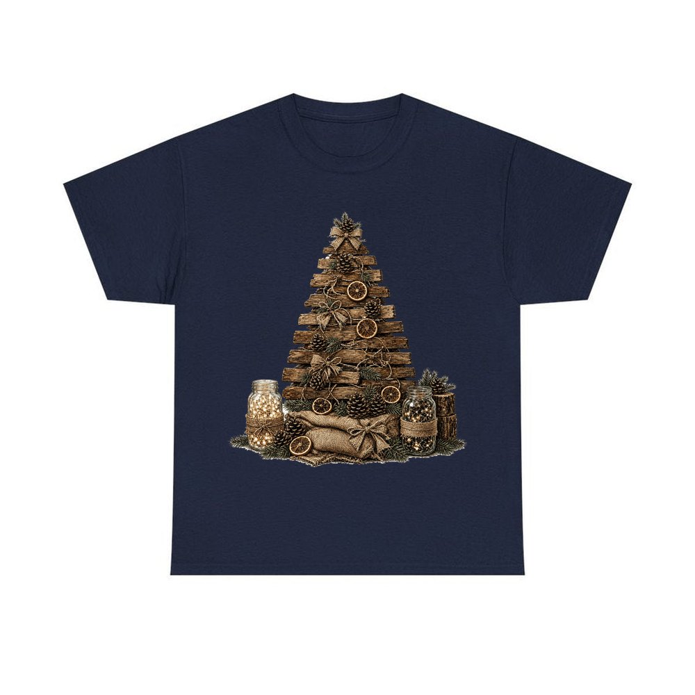 Timber and Pinecone Christmas Tree personalised Christmas T-shirt in navy