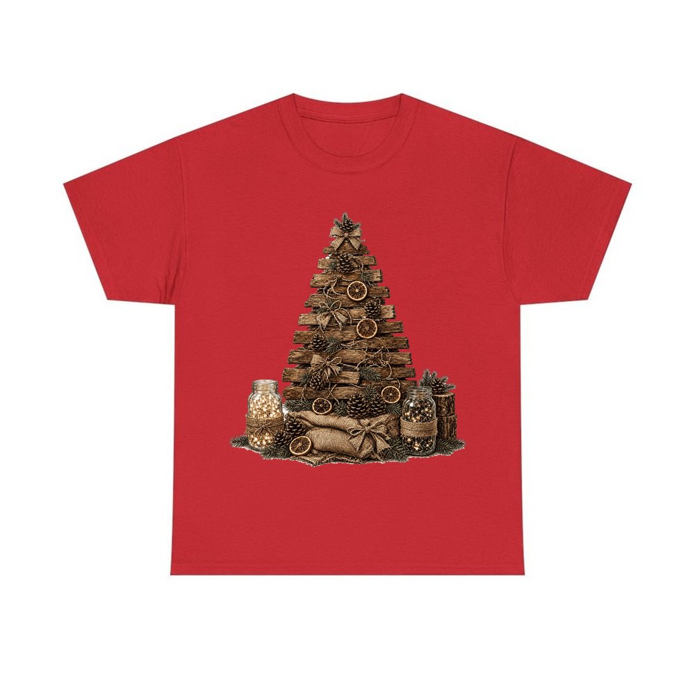Timber and Pinecone Christmas Tree personalised Christmas T-shirt in red