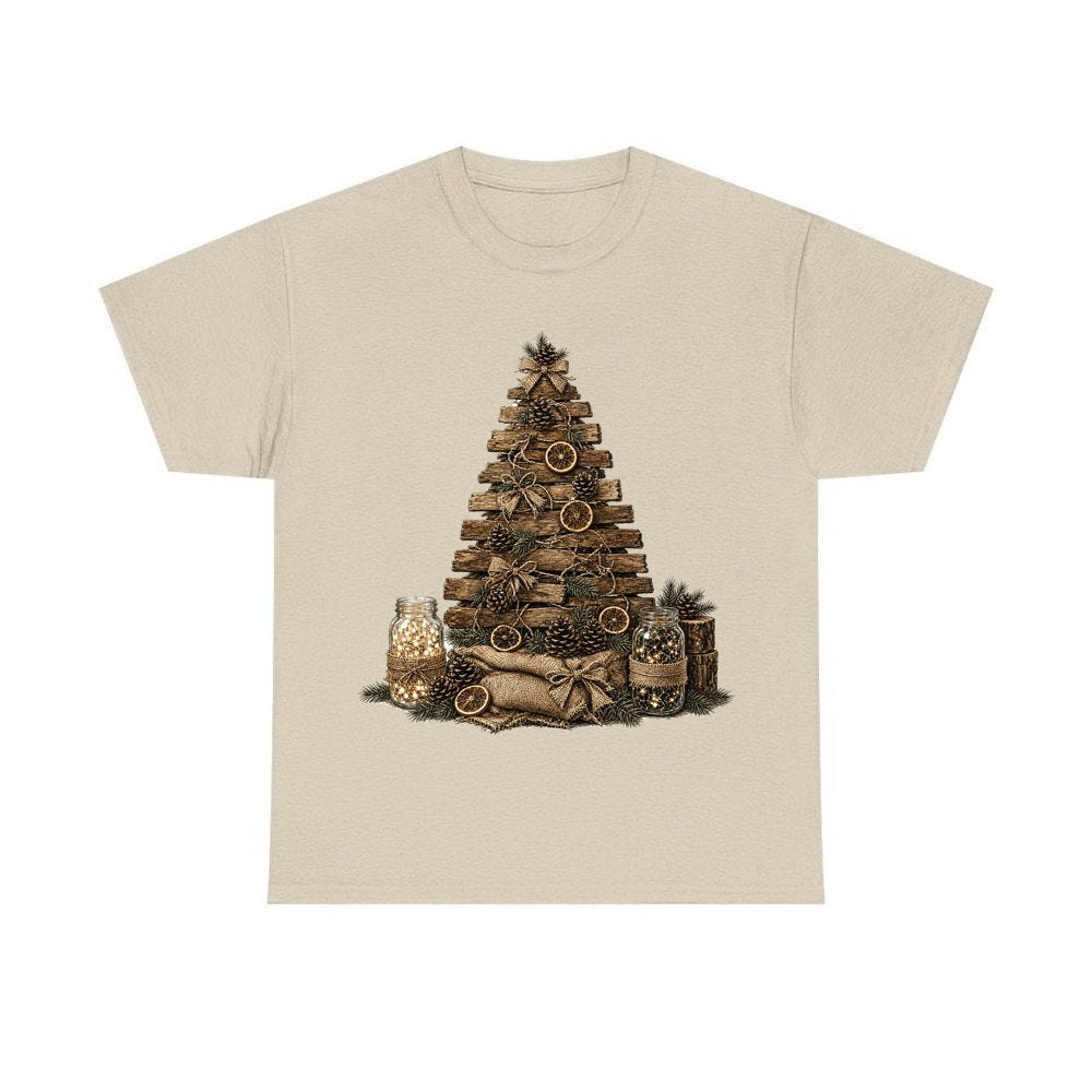 Timber and Pinecone Christmas Tree personalised Christmas T-shirt in sand