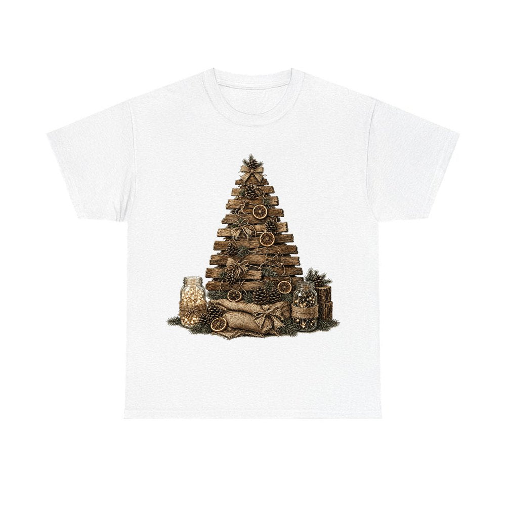 Timber and Pinecone Christmas Tree 2 design on a white tee