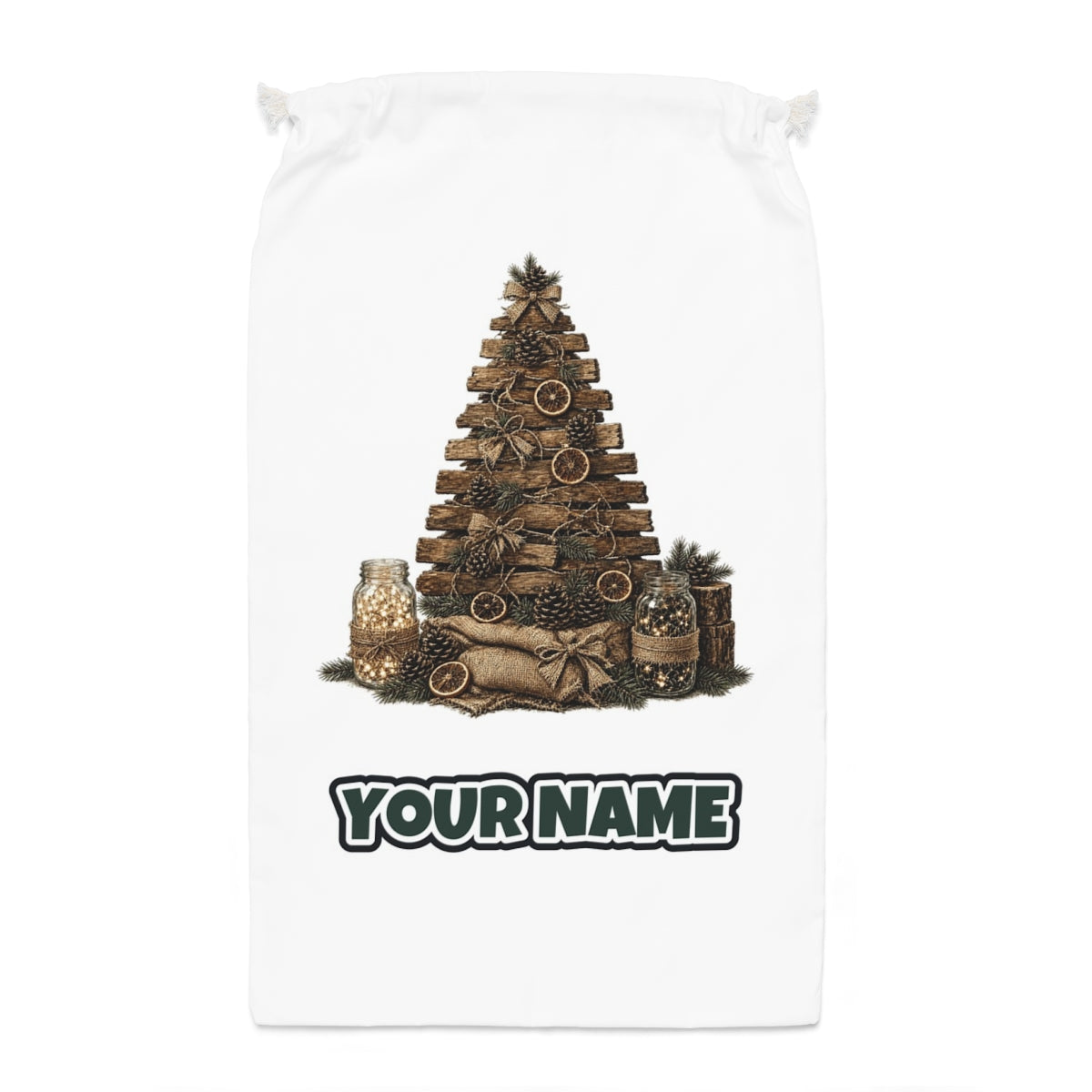 Timber and Pinecone Christmas Tree Santa sack laid flat, showing the full print