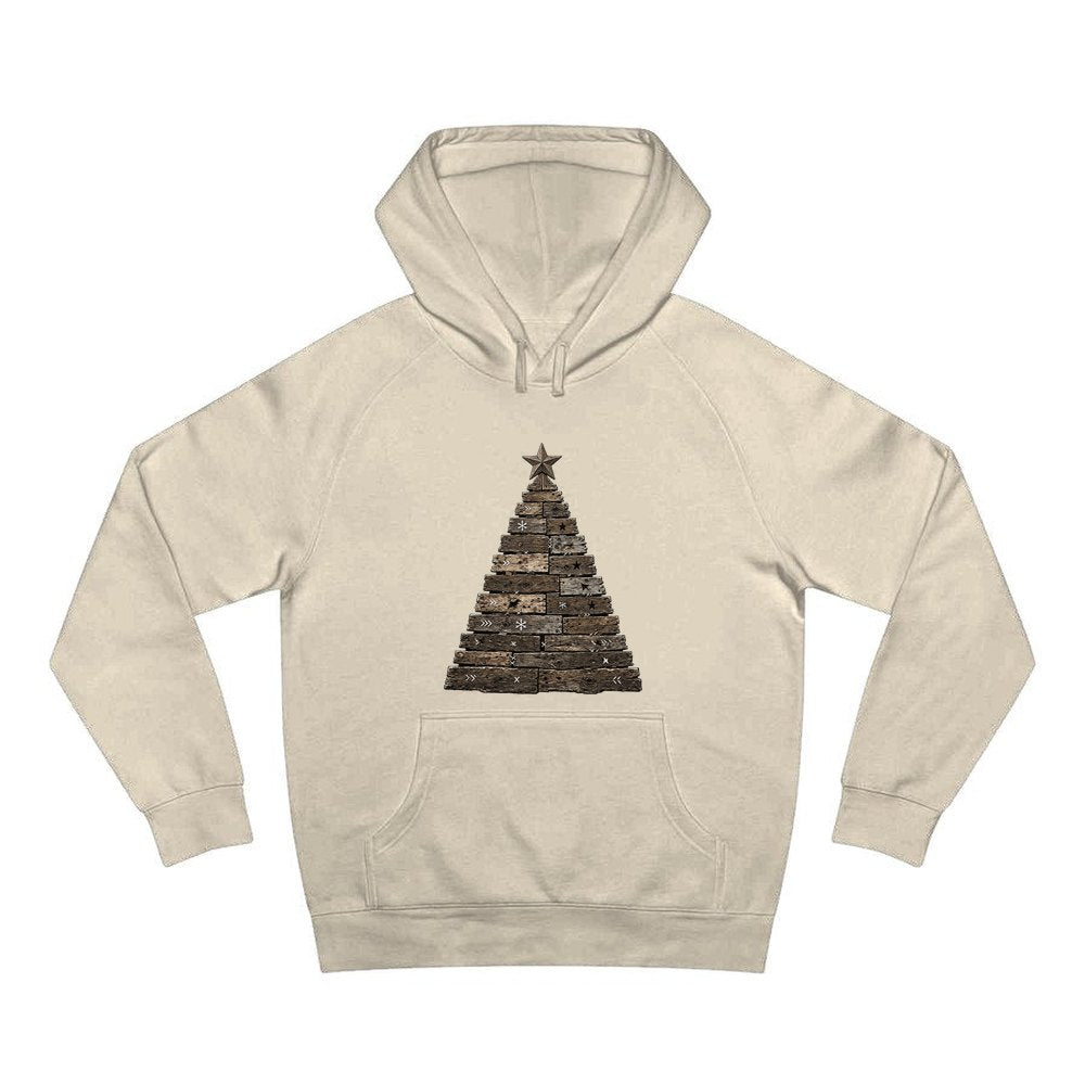 Rustic Timber Christmas Tree personalised Christmas hoodie in sand