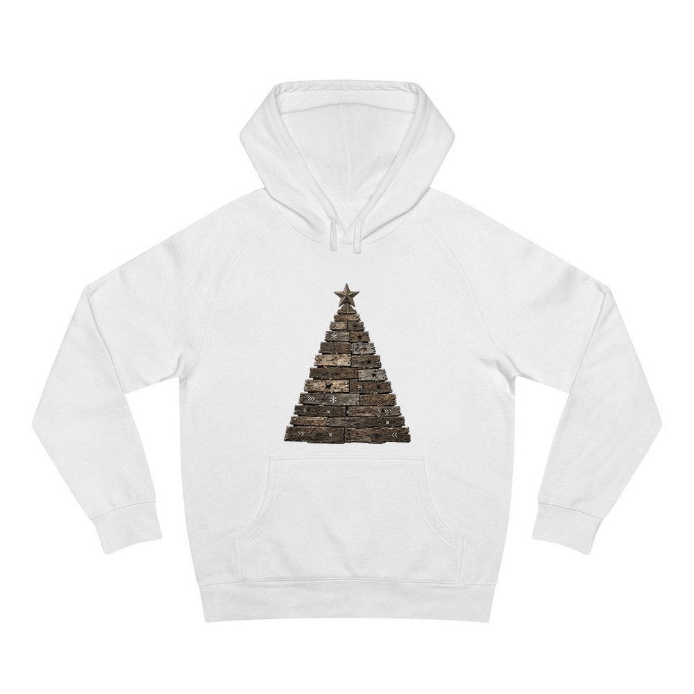 Rustic Timber Christmas Tree personalised Christmas hoodie in white